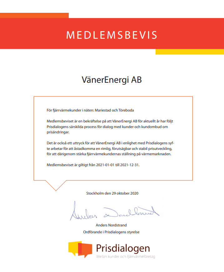 Bilden visar VänerEnergi AB:s medlemsbevis i Prisdialogen för år 2021.