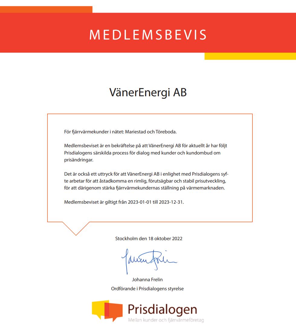 Bilden visar VänerEnergi AB:s medlemsbevis i Prisdialogen för år 2023.